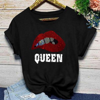 China New Breathable Summer Women's European And American Lips Hot Red Round Neck Drill Short-sleeved T-shirt for sale