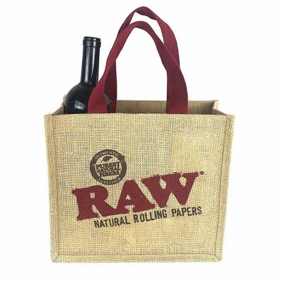 China Professional Logo Custom Handled Beach Colored Jute Bottle Bag With Handle for sale