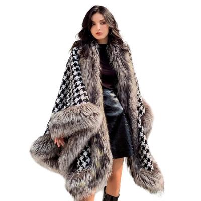 China Fashion Lattice Woolen Fur Coat Houndstooth Wool Poncho High Quality Breathable Women Wool Coat for sale