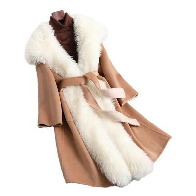 China Anti-wrinkle New Winter Fashion Double Faced Lamb Fur Trim Women Cashmere Woolen Coat for sale