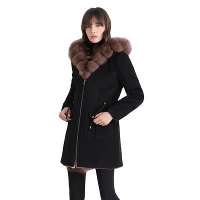 China Anti-Wrinkle Winter Solid Color Cashmere Woolen Coat Thick Black Hooded Genuine Women Long With Fox Tirm Fur for sale