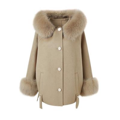 China Fashion Breathable Loose Waist Cashmere Hooded Wool Coats Women With Fox Fur Detachable Collar for sale