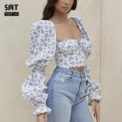 China Factory Sale Digital Floral Smart Female Sexy Square Neck Printing Viable Clothing Long Sleeve Tops Fashion Lantern Blast Sleeve T-Shirt for sale