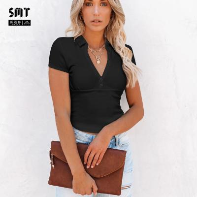 China Wholesale Smart Breathable Sleeve Solid Sexy V-neck Female T-shirt Ribbed Knit Half Button Polo Women CropTop T-shirt for sale