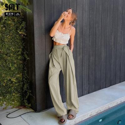 China Fashionable Lady Smart Pants Women's Casual Elegant Hanging Wide Leg Wide Leg Trousers Summer Autumn Loose Straight Waist High And Holes QUICK DRY for sale