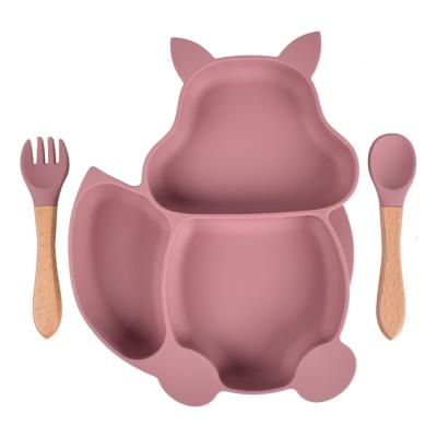 China BPA Free Built in China Safe Divided Silicone Baby Animal Dish Squirrel Kids Suction Dish with Spoon and Fork for sale