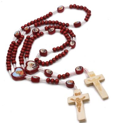 China 2022 Environmental Friendly Hand - Woven Wine Red Beaded Rosary Necklace Wooden Cross Necklace For Women Man for sale