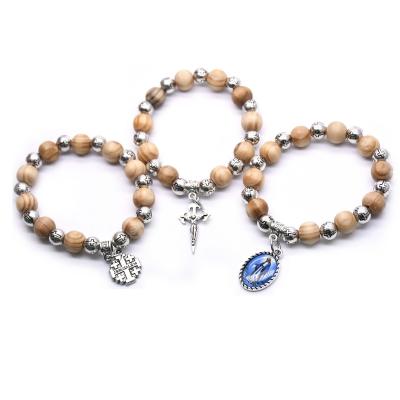 China New Design 2022 Religious Wooden Macrame Bead Cross Wood Beads Catholic Rosary Bracelet for sale