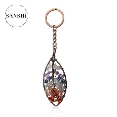 China Amazon Fasion Handwork Stone Multicolor Natural Crystal Handwoven Gravel Leaf Keychains Seven Heart Chakras Main Holder Women Gift for sale