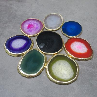 China Wholesale Natural Natural Black Agate Coaster Mateiral Polished Irregular Agate Slices Gold Rim For Drink Crystal Stone Agate Coaster With for sale