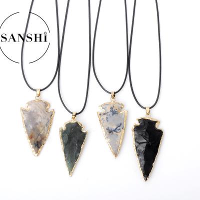 China Wholesale Stone Age Jasper Arrowhead Gold Electroplated Edge Stone Pendants CLASSIC Charm Pendant for sale