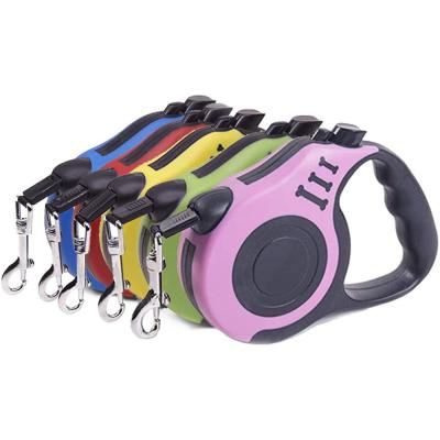 China Walking Dog Anti-Slip Handle Strong Nylon Band Tangle Free Handed One Button Lock Release Retractable Dog Leash for sale