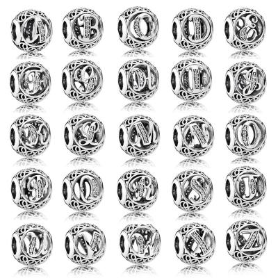 China METALS Factory wholesale Letter Alphabet Charm 925 Sterling Silver A-Z Initial Beads with diamonds Fits Women's Bracelet and Necklace for sale