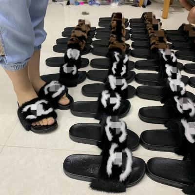 China 2020 Wholesale Logo Real Mink Indoor Women's Fur Slippers Breathable Warm Custom Made Fur Slides Breathable Fashion for sale