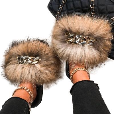 China Fashion Trend Furry Slippers Diamond Chain Fur Slides For Women for sale