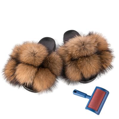 China Breathable Real Fox Fur Pompom Slipper Big Fur Ball Slides For Women Fur Slides Ball Slides for sale