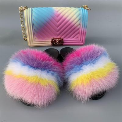 China Breathable Women Shoes Slippers Matte Colorful Jelly Bags Shoe Flip Flops Fluffy Slippers Sets Fox Fur Slides for sale