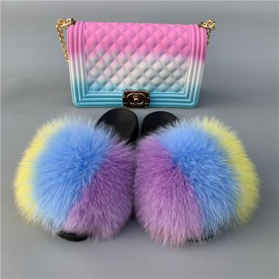 China Breathable Women Shoes Slippers Matte Colorful Jelly Bags Shoe Flip Flops Fluffy Slippers Sets Fox Fur Slides for sale