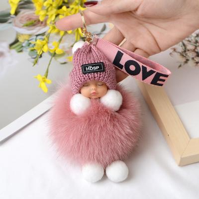 China Artificial Pompom Baby Keychain Baby Plush Doll Keychains Cute Fluffy Women Sleep Girl Bags Cars Ring Gift Charming Keychain Keyring Decoration for sale