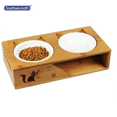 China Durable High Quality Non-slip Bamboo Dog And Cat Pet Feeder With Two Bowl White for sale