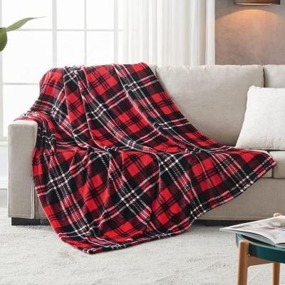 China Plain Custom 100%Polyester Plush Knit Stripe Soft Tartan Red and Classic Black Plaid Flannel Fleece Throw Blanket for sale