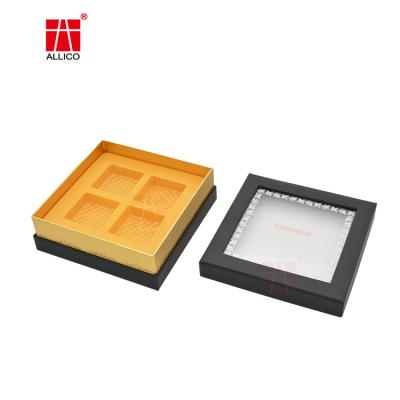 China ALLICO Recyclable Retail 4 Divider Mooncake Packaging Paper Box For Food Packaging With Clear Windows for sale