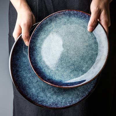 China Sustainable Material Reactive Blue Stoneware 10.5Inch Glaze Ceramic Salad Bowl for sale