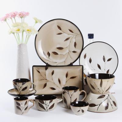 China Sustainable Reactive Glazed Dinnerset With Leaves Hand Painted Eco Friendly Bowl Ceramic Custom Dinnerware Set for sale