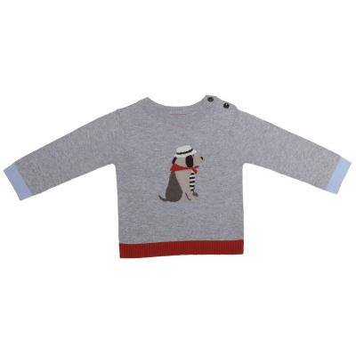 China Anti-Shrink Girls' Jacquard Dog Print Pullover Sweater with Buttons-on-Shoulder Contrast Colors Crew Neck Long Sleeve Knitted 6-14 Years for sale