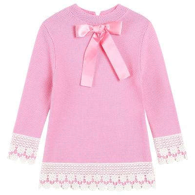 China Anti-wrinkle Girl's Sweet Bow Lace Detail Elastic Back Button-Closure Crew Neck A-Line Long Sleeve Fall Pink Rib Knit Sweater Dress for sale