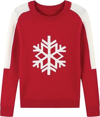 China Anti-pilling Snowflake Print Red Winter Thick Warm Cotton Long Sleeve Crew Neck Ribbed Knit Boy's & Girls' Christmas Pullover Sweater for sale