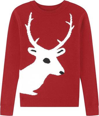 China Anti-pilling Boys' & Girls' Long Sleeve Warm Thick Cotton Rib Knit Winter Crew Neck Deer Elk Patterned Red Christmas Pullover Sweaters for sale