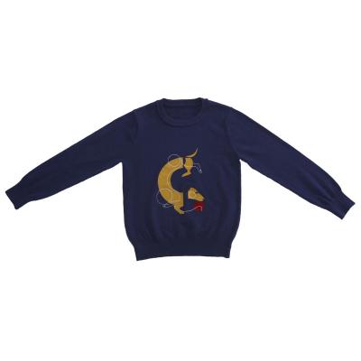 China Anti-Shrink Little & Big Boy's Cute Jacquard Rib Knitted Pullover Sweaters with Dog Print Crew Neck Long Sleeve 6-14 Years Navy Blue for sale