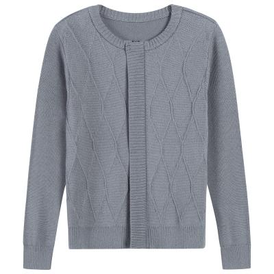 China Anti-pilling Little and Big Boy's Diamond Pattern Wide Placket Zip Closure Ribbed Knit Crew Neck and Hem Grey Cardigan Sweater for sale