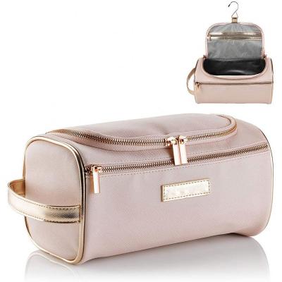 China Waterproof Large Pink Toiletry Wash Bag Leather Hanging Travel Make Up Organizer Rose Gold Cosmetic Bag For Women, Girls for sale