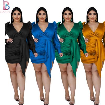 China Ibeauty Anti-Static 2022 XL-5XL Plus Solid Deep Sleeve Pleated Shirt Mini Party Dress For Ladies Long Size Women V-Neck Stain Dress for sale