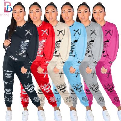 China Ibeauty 2022 QUICK DRY Letter Graffiti Print 2 Piece Sweater Set Sweatsuit Casual Sports Sets Two Piece Jogger Set For Ladies for sale