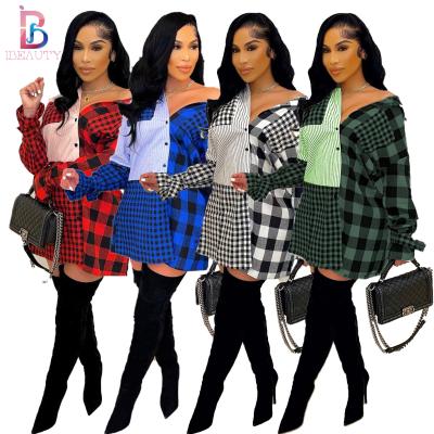 China Amazon Women Patchwork Anti-Static Hot Selling Jacket For Women Long Sheath Plus Size Plaids Shirt Dress Fall 2021 Women Clothes for sale