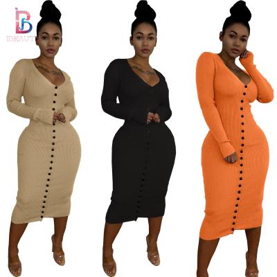 China 2021 Wholesale Anti-Static Casual Dress Ladies Pencil Dress With Black Buttons Long Sheath African V-neck Dresses Women Outfits for sale