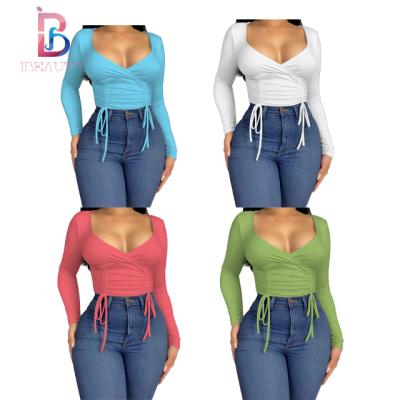 China Ibeauty High Quality Anti Shrink Women Tops With Two Strings Women Blouse Tops For Women V Neck Ladies Tops 2021 for sale