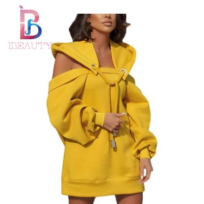 China Ibeauty 2022 Anti-pilling Sweatshirt Dress With Hat Women Hoodies Dress Strings Hollow Out Shoulder Girls Hoodie Dress for sale