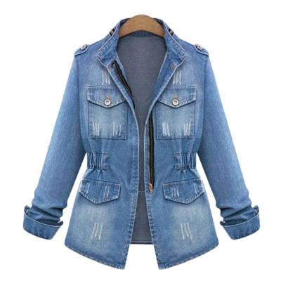 China 2022 Customs Distressed Zip Up Blue Denim European Turnhout Plus Size Women Jean Jacket For Ladies for sale