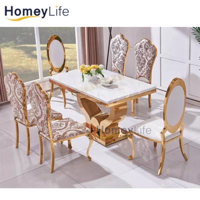 China Morden Marble Top Convertible Dining Table Set Gold Single Legs Dining Table Set 6 Seater for sale