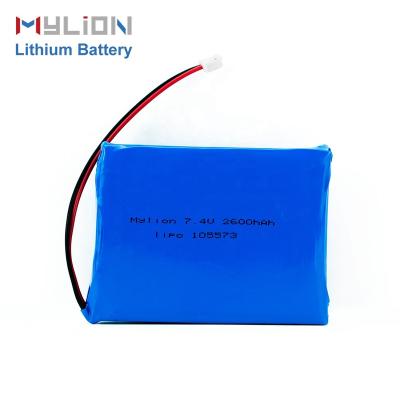 China Small lightweight high capacity mylion 7.4v 2600mah 105573 lithium polymer battery for sale