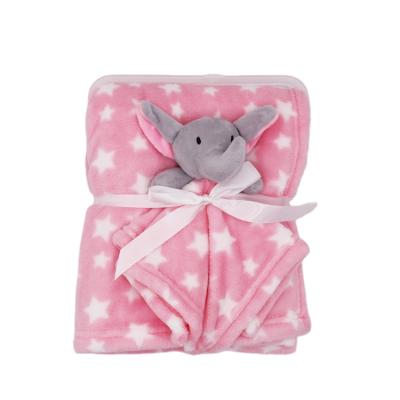 China Sustainable Wholesale Soft Star Printed Pink Color Fleece Lovely Flannel Baby Blanket With Elephant for sale