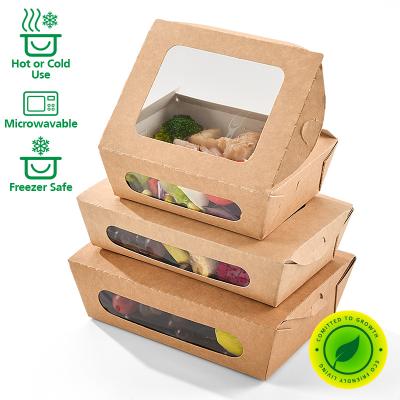 China Eco Friendly Stocked Biodegradable Disposable Kraft Paper Box With Separate Window Lid For Salad for sale