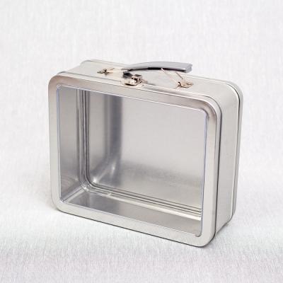 China Wholesale Custom Printing Rectangular Simple Silver Food Grade Suitcase Tool Empty Tin Box Packaging Metal Tin Canisters With Window for sale