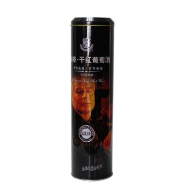 China Recyclable Custom Empty Bottle Tin Box Packaging Logo Food Grade Liquor Red Wine Vodka Alcohol Bottle Tall Round Black Cylinder for sale