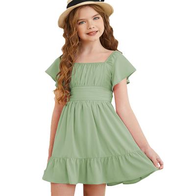 China Washable Factory direct sales 2023 Big Girl New Summer Solid Bow Decoration Flowing Girls' Princess Dress suit for 4-13 years old Girls for sale