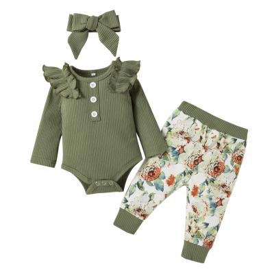 China 100% Cotton Anti-Shrink Baby Clothes Wholesale Baby Clothes Green Top and Flower Long Pants Newborn Baby Clothes for sale